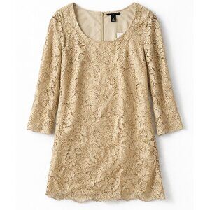 WHBM Champagne Gold Lace Sheath Cocktail Dress 3/4 Sleeve Size 10